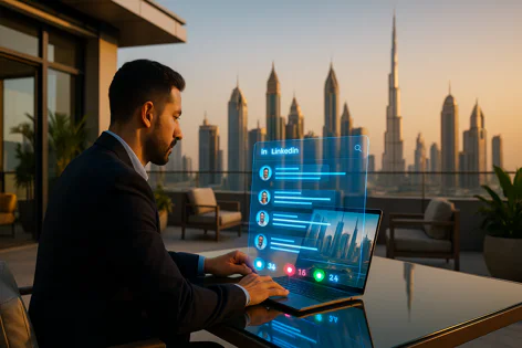Businessman on a terrace using a laptop with a futuristic holographic LinkedIn interface showing profiles and data, overlooking the Dubai skyline at sunset.