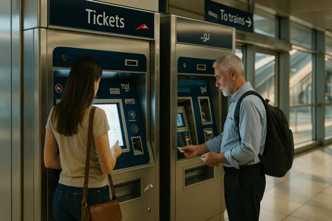 Two people, a woman and a man, are seen using separate automated ticket machines in a bright train station or metro concourse.