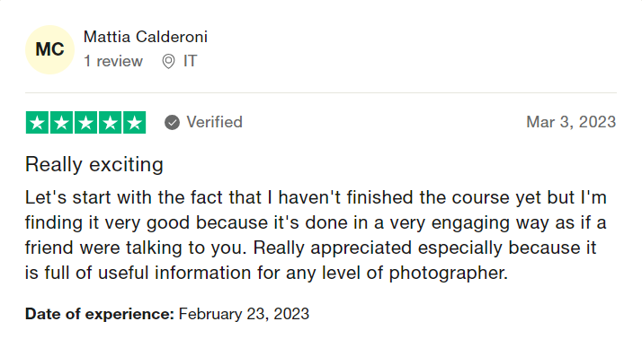 Corso di fotografia online Midnuances - 5 stelle su TrustPilot