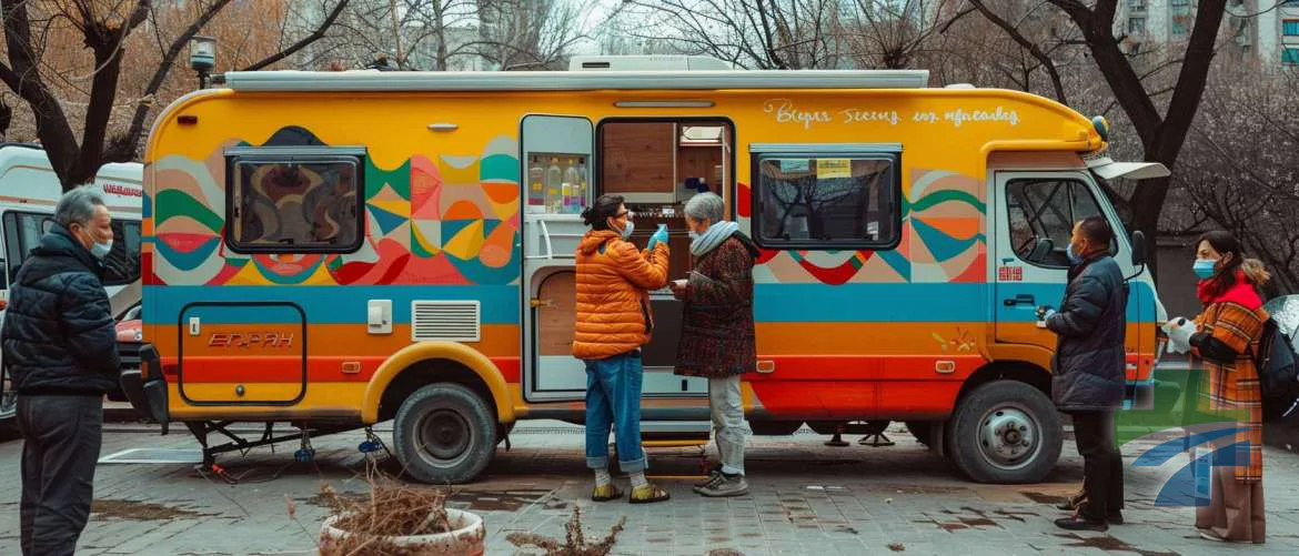 Vibrant day scene of community interaction around a colorful healthcare RV.