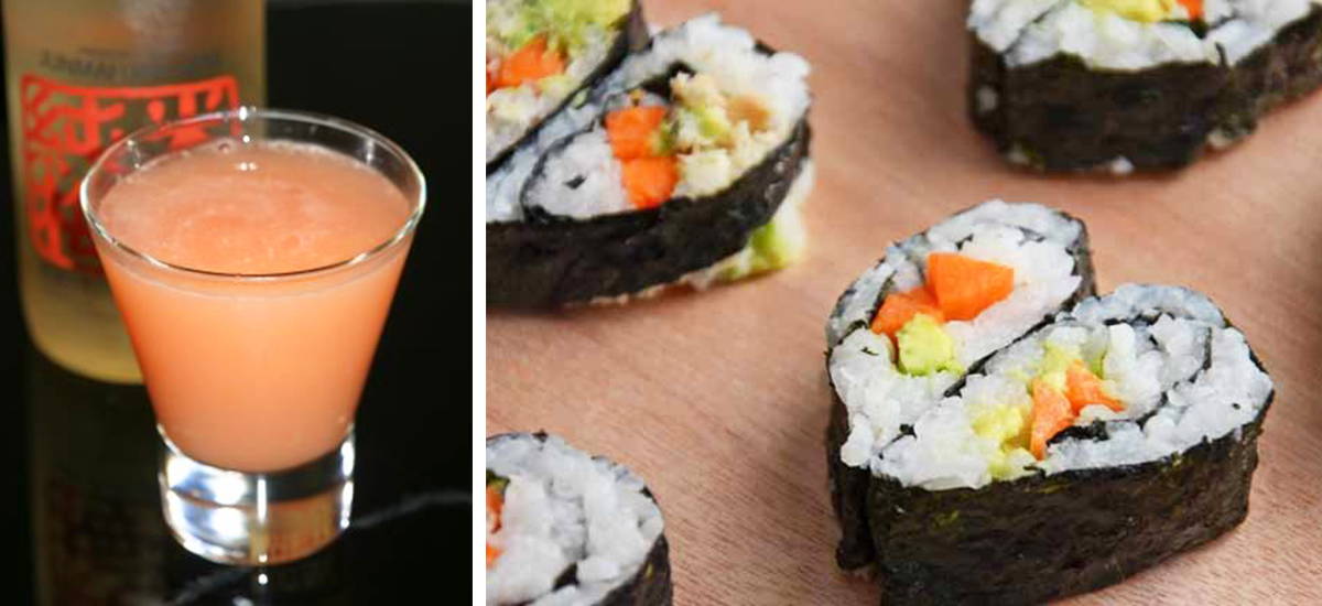 Cocktail in a glass and heart shaped sushi