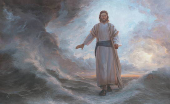 Jesus parting a path through the clouds and waveswith His hand.