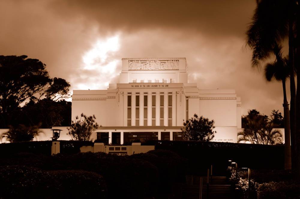 LDS art Laie Temple picture done in sepia tones. 