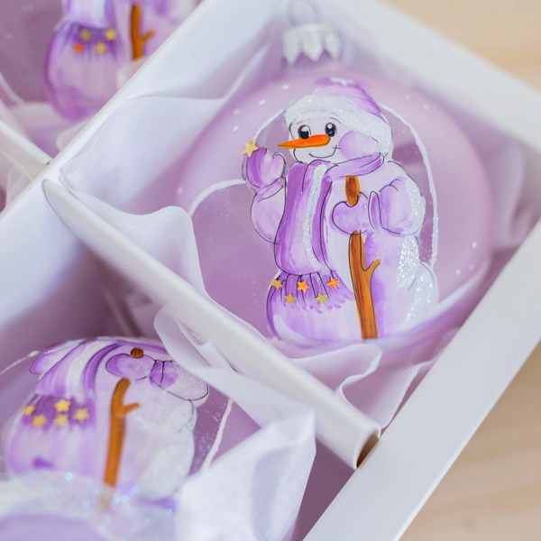 80mm lilac and purple snowgirl hand painted bauble - Image 2