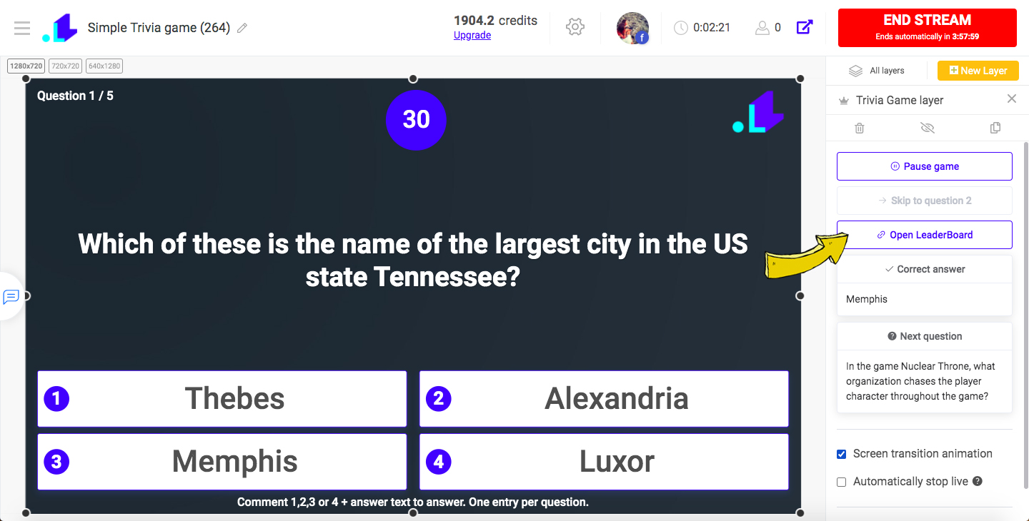 Trivia game open leaderboard button