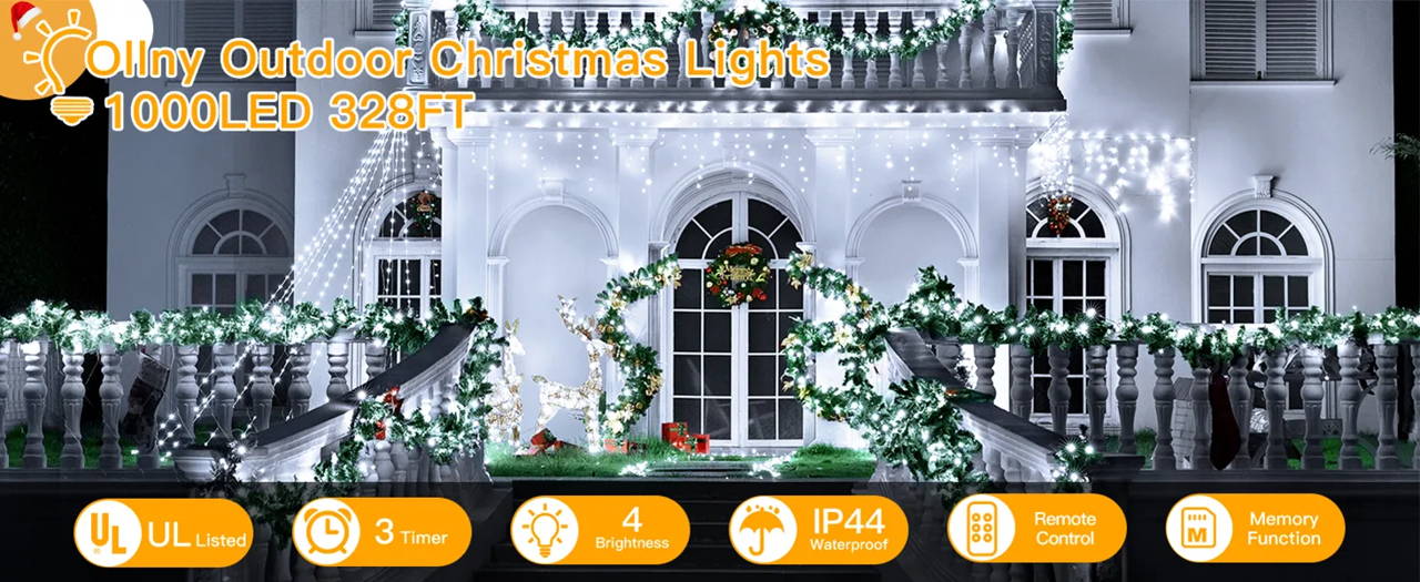 Features of Ollny's 800 leds clear cable cool white string lights - desktop size