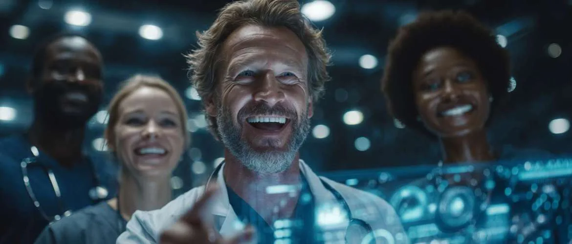 Futuristic healthcare center with holographic data and medical staff interaction.