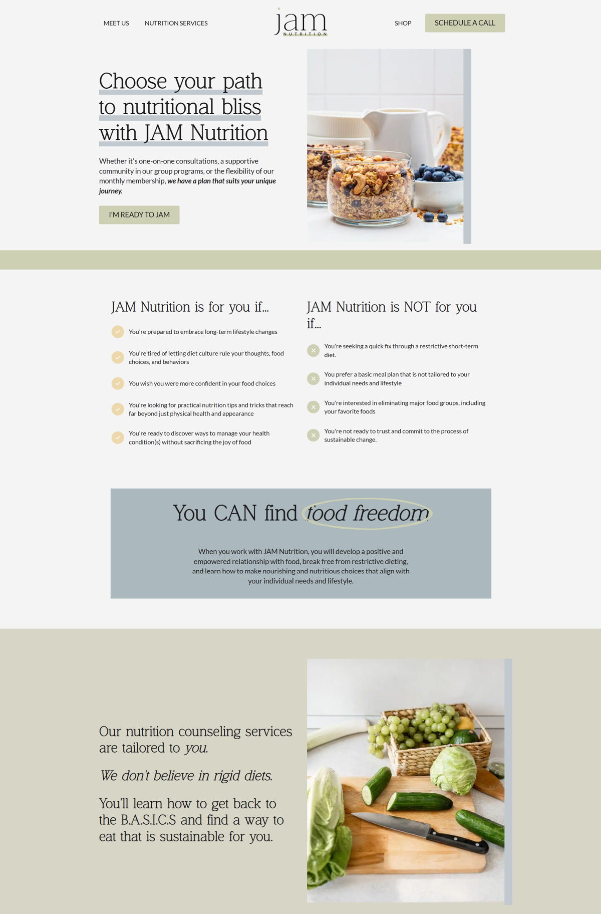 Screenshot of JAM Nutrition, from the service page design examples collection.