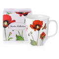 Garden Collection Poppies Java mug, 12.5 oz (375 ml) fine bone china, front view, handle right with white gift box with the same print. 