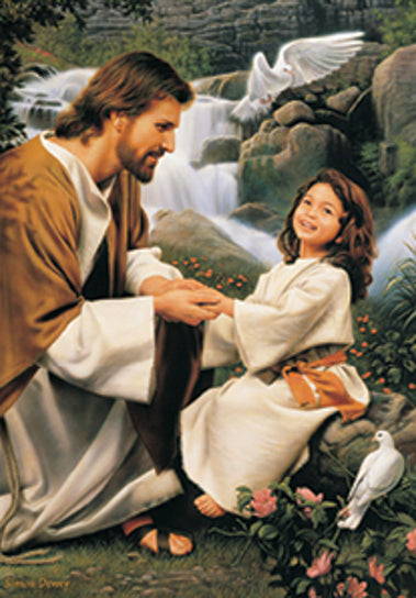 Jesus smiling at a laughing little girl. A dove flies above. 