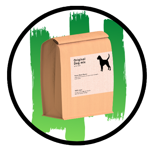 Graphic of packaged dog food on a green ombre background
