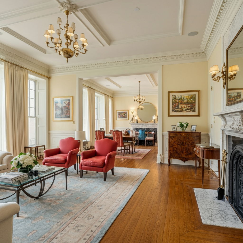 A professional photographer capturing the elegant interior of a Gold Coast mansion, using specialized wide-angle equipment and lighting to showcase the home's architectural details. The sophisticated living room features original crown molding, a marble fireplace, and floor-to-ceiling windows bathed in natural light.