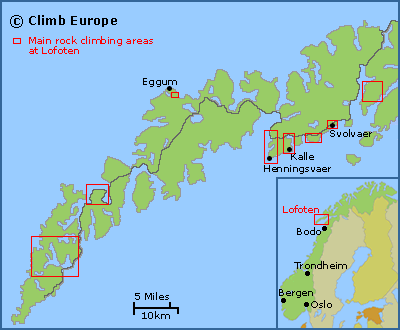 Map of the rock climbing areas at Lofoten
