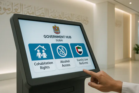 Hand touching a digital kiosk screen displaying Cohabitation Rights, Alcohol Access, and Family Law Reforms at the Government Hub in Dubai.