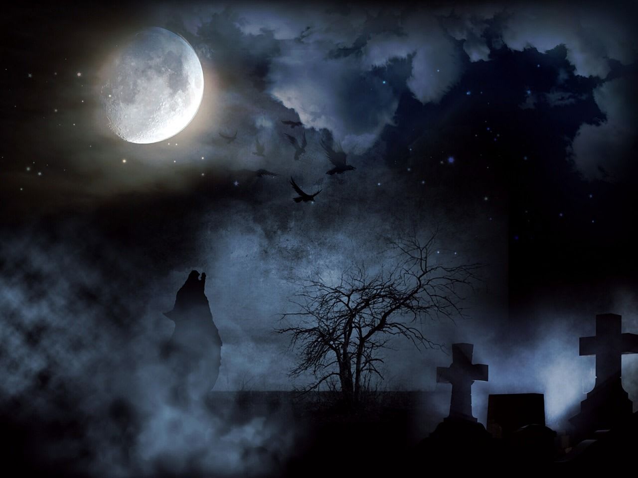 a graveyard at night