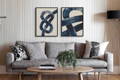 A monochrome knot art print above sofa. Monochrome art prints.