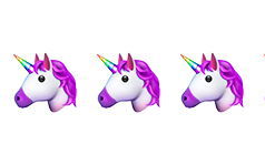 3 unicorn head emojis with purple mane.