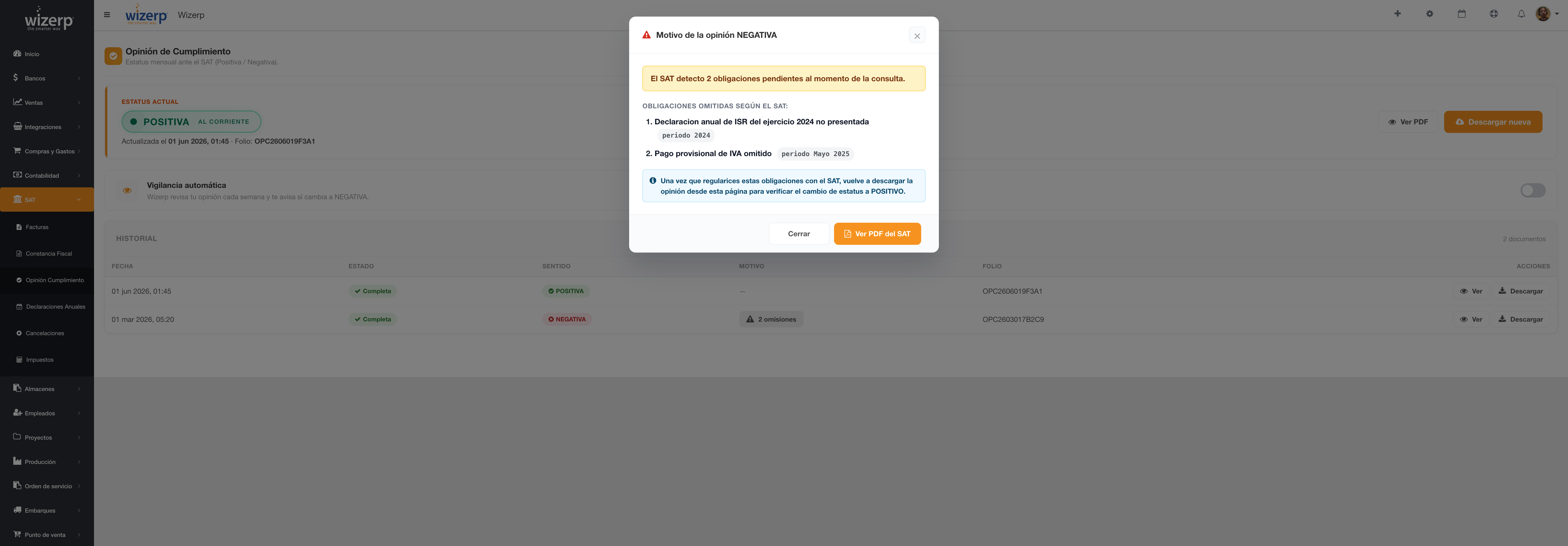 Detalle del motivo: las obligaciones omitidas seg&uacute;n el SAT.