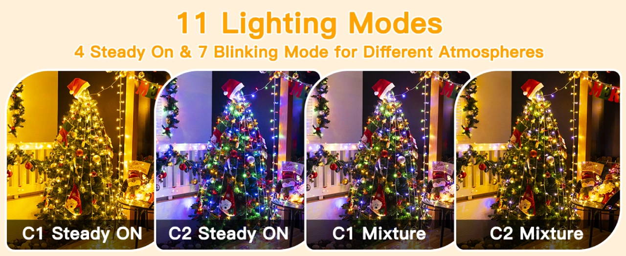 Features of Ollny's 640 leds clear cable warm white/multi-color string lights