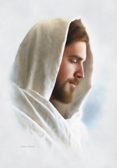 Calm painting of Jesus in white robe.