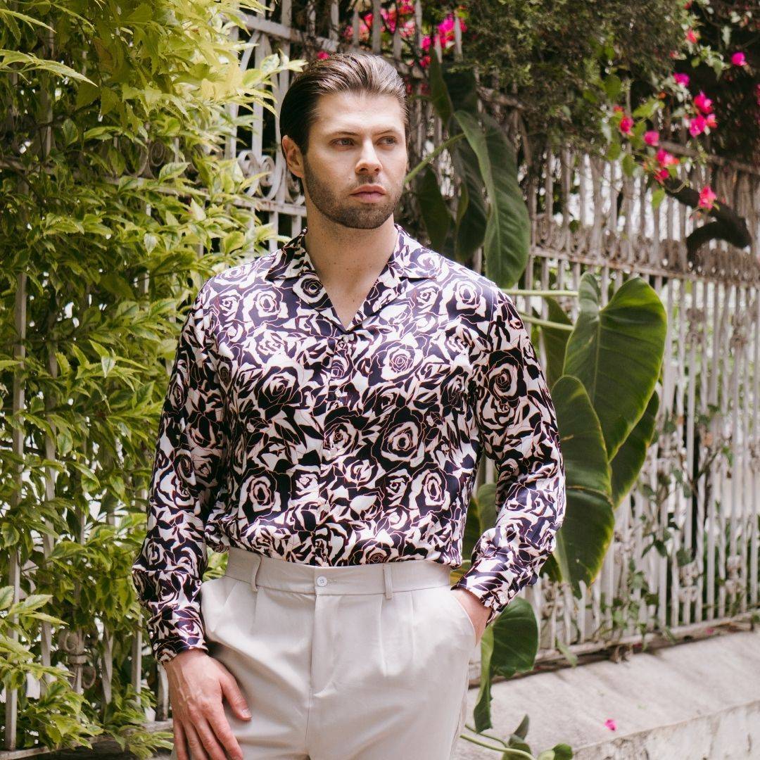 model wearing a long sleeve navy rose silk shirt from 1000 kingdoms