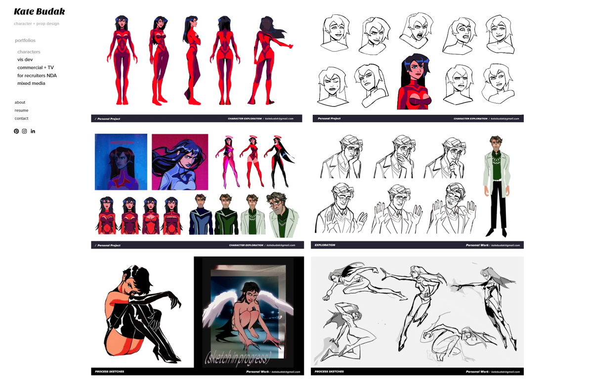 Screenshot of Kate Budak, from the character design portfolios collection.