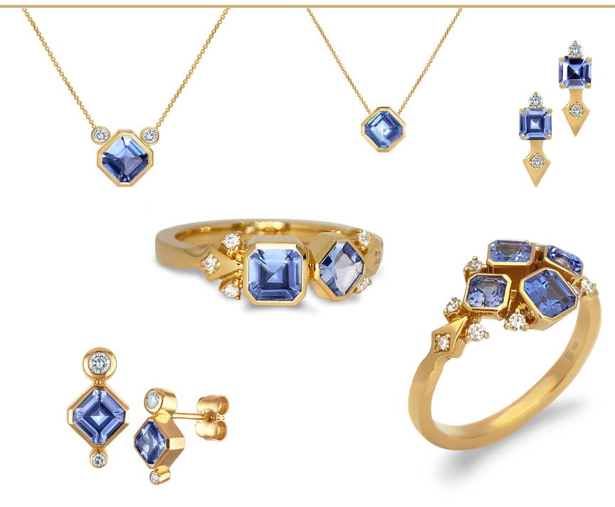 Blue sapphire high-end 18K gold jewelry collection featuring rings, necklaces and earrings. Montreal Designed. NYC created. Bijoux haut de gamme.