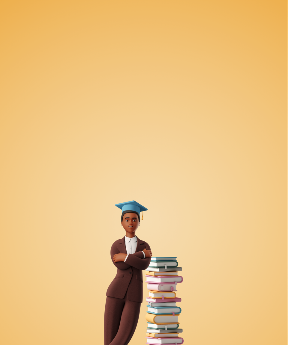 A 3D cartoon Black businesswoman wearing a graduation cap and leaning on a tall stack of books for Confetti's Virtual Black Cultural Impact