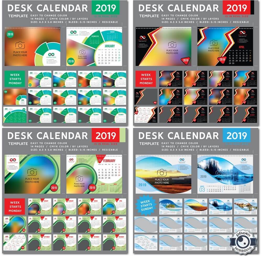 Настольный календарь 2019, векторный шаблон, 12 месяцев # 3