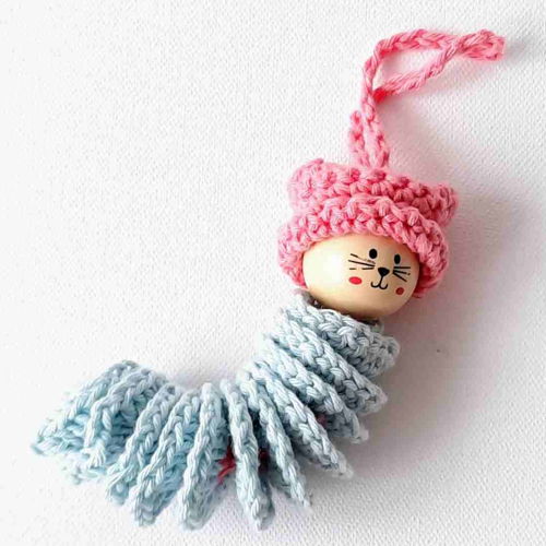Kitty With A Cat Hat (Worry Worm With Wooden Head) Crochet Pattern PDF Printable