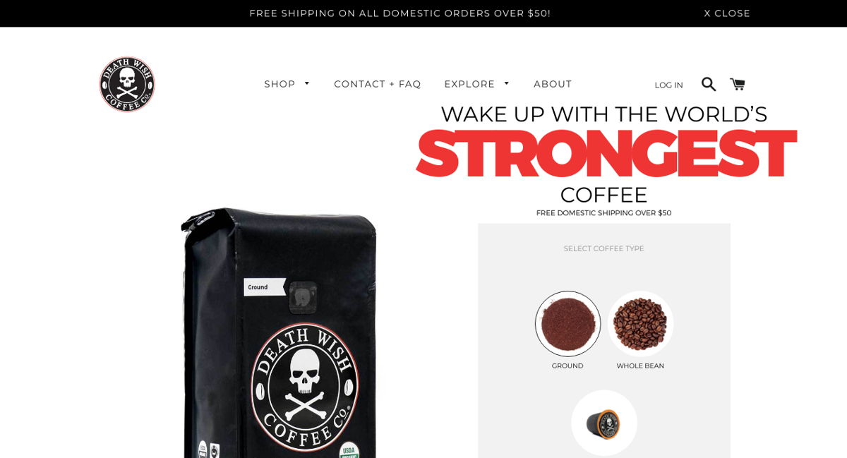 Screenshot of Death Wish Coffee Co., from the shopify stores collection.