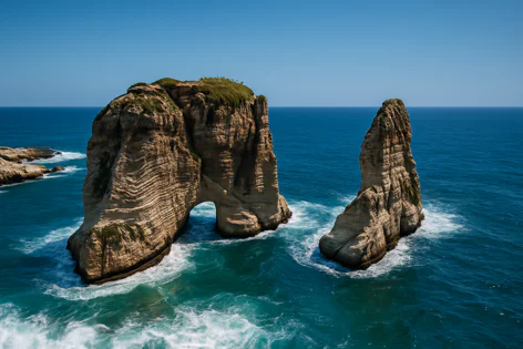 Pigeon Rocks (Raouche Rocks) off Beirut coast, Lebanon. Large rock with arch and smaller sea stack in blue sea with waves.
