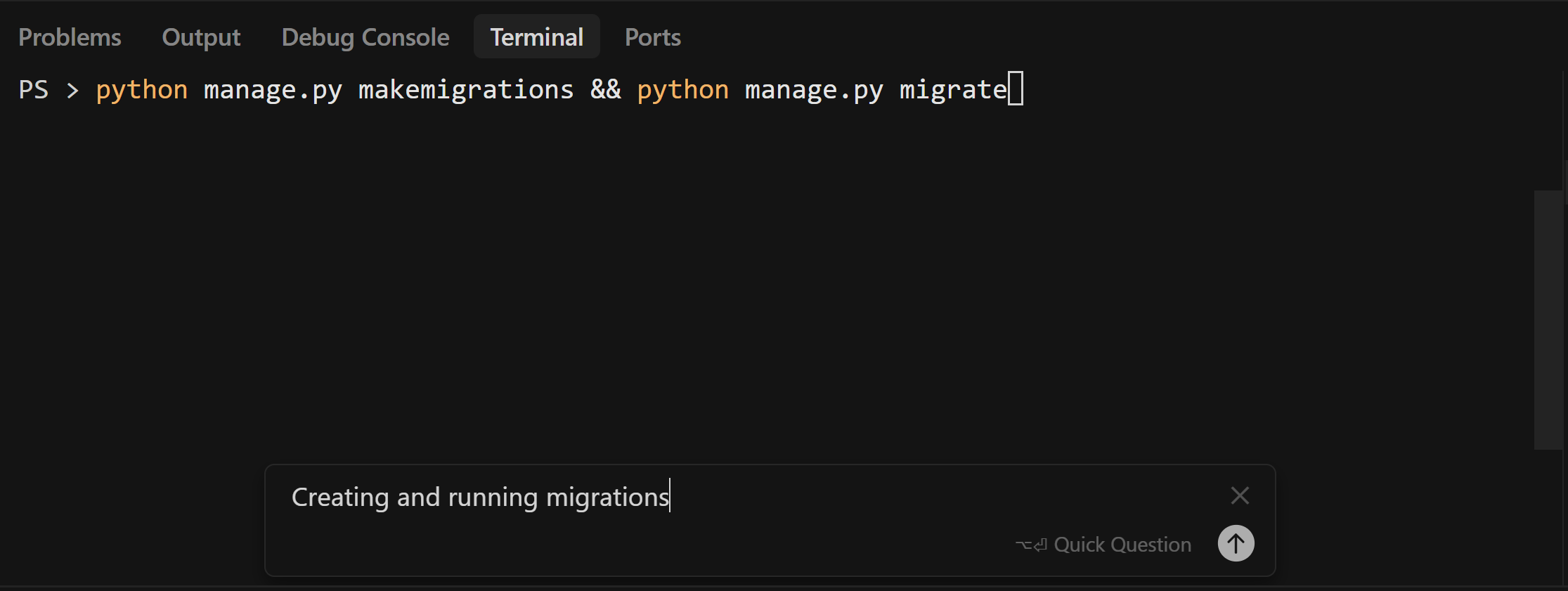 Generating command for creating and running Django migrations.
