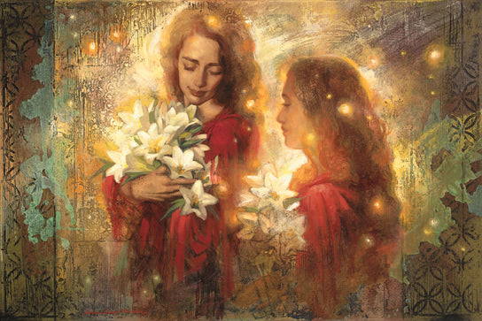 Two young women holding white liliies in glowing light.