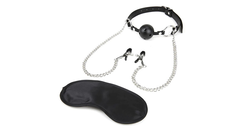 Breathable Ball Gag With Chained Nipple Clamps
