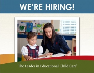 We're hiring poster featuring a Primrose teacher help her prekindergarten student read a book