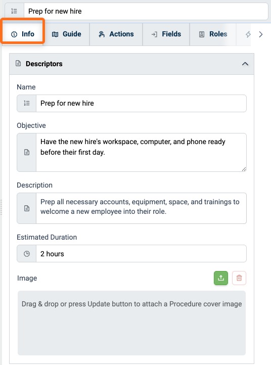 Procedure Info tab showing the Descriptors panel