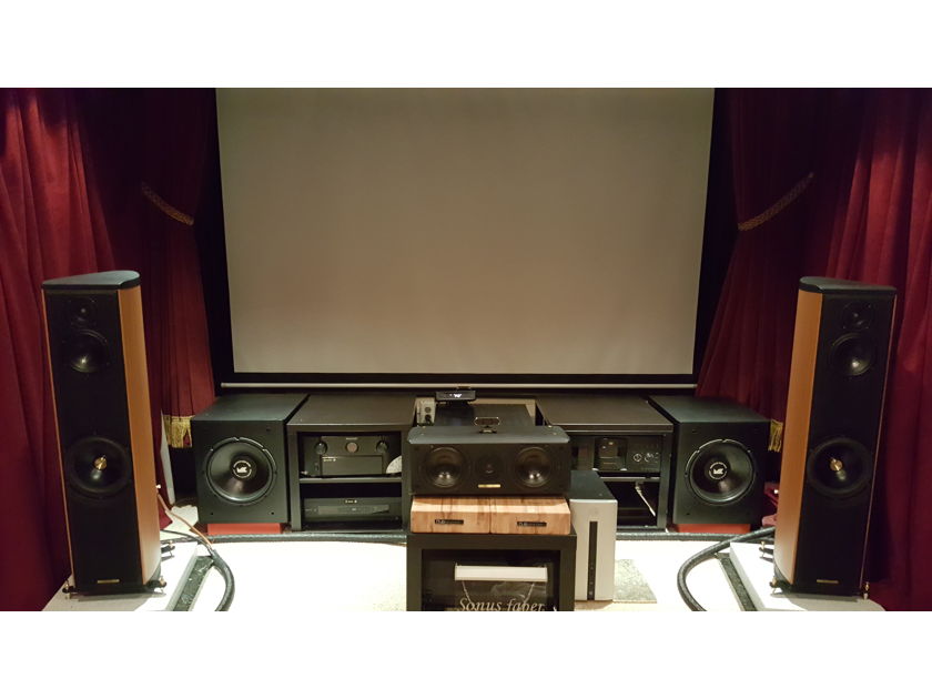 Sonus Faber Liuto Chestnut Fronts and center home theater  speakers.