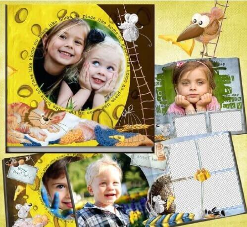 Детская фотокнига для Фотошоп, сырный дом в PSD