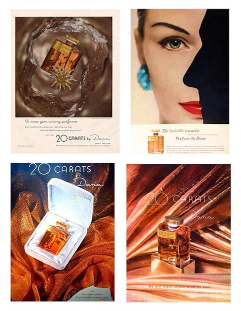 Vintage ads of 20 Carats perfume.
