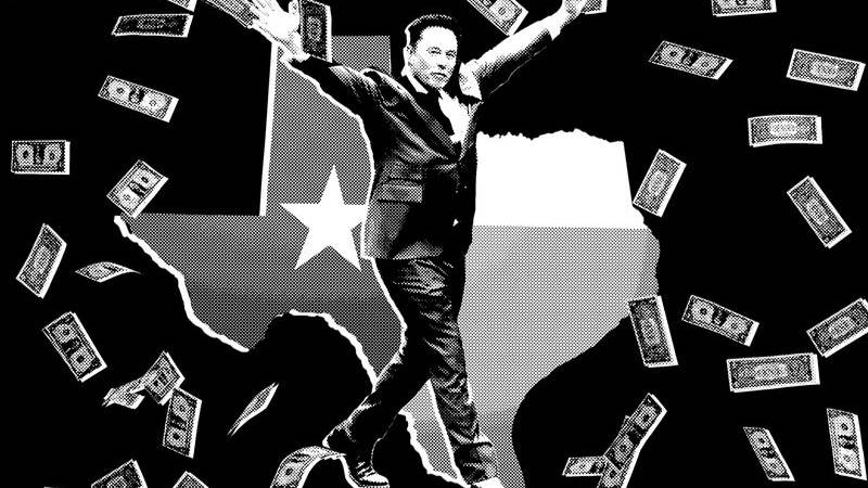 Collage of Elon Musk, Texas and money