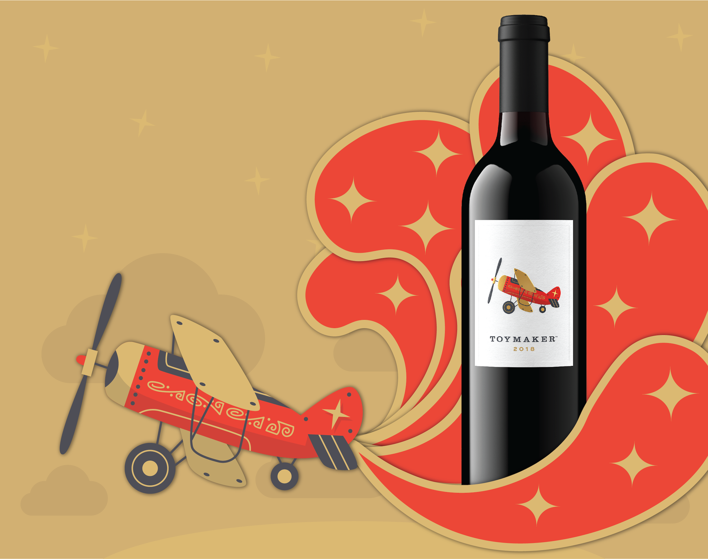 Illustrated image of a toy airplane flying past an image of a bottle of the 2017 ToyMaker Cabernet Sauvignon 750 ML wine bottle. Wines by Martha McClellan,Martha McClellan,Martha McClellan,Martha McClellan,Martha McClellan,Martha McClellan,Martha McClellan,Martha McClellan