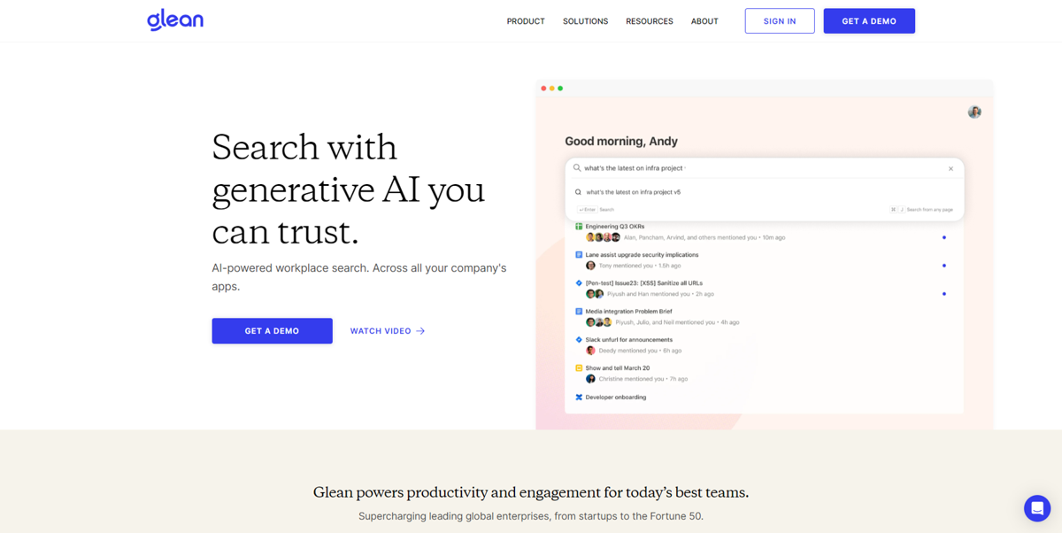 Screenshot of Glean, from the saas websites collection.