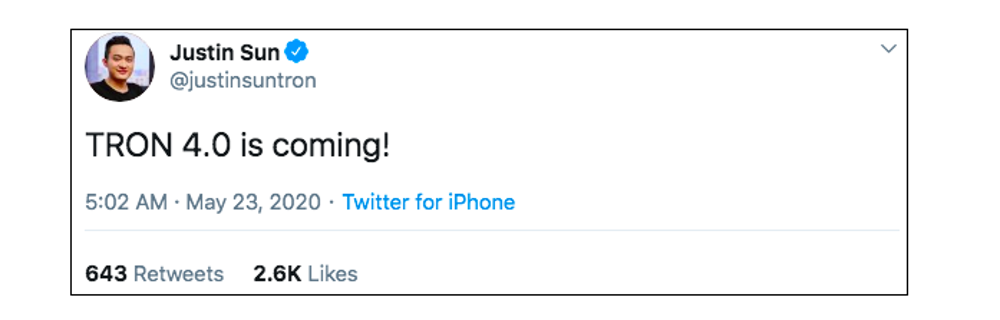 Justin Sun TRON 4.0 is coming
