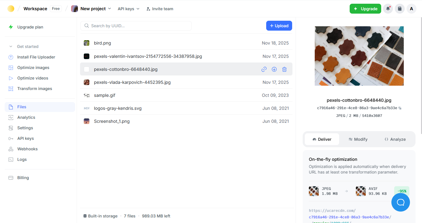 Uploadcare interface with image selected and UUID visible