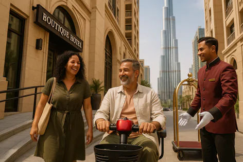 Couple arrives at a boutique hotel; man on a mobility scooter is greeted by staff with a luggage cart, woman walks alongside. Burj Khalifa in background, Dubai street scene.