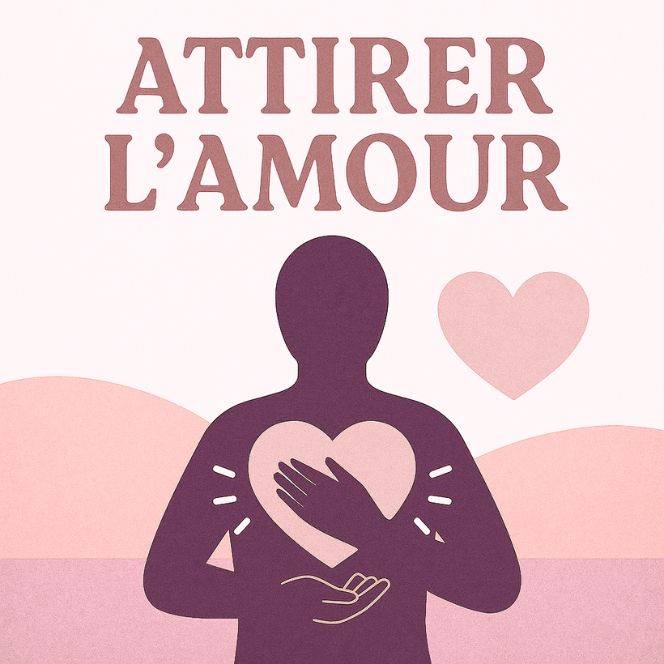 Illustration carrée représentant le thème “Attirer l’Amour”, avec une silhouette tenant un grand cœur rose quartz sur fond beige et vert minéral, symbolisant l’ouverture du cœur, l’énergie d’amour et la douceur spirituelle.