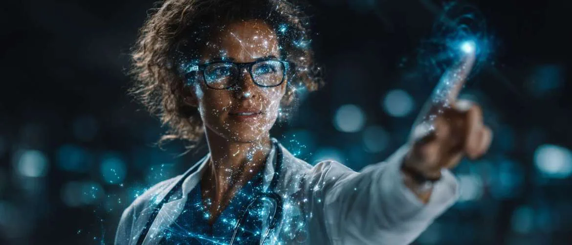 Futuristic healthcare command center displaying diverse staff connected by digital networks.