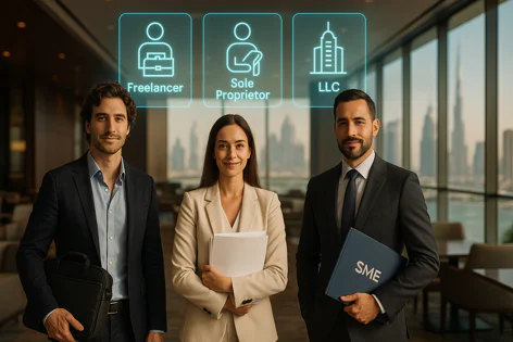 Business professionals representing Freelancer, Sole Proprietor, and LLC options with icons above them, standing in a modern office with a cityscape background, holding business items.