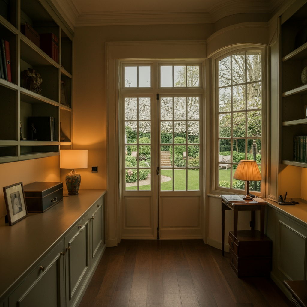 A photographic style image of An elegant home office featuring built-in shelving and large windows overlooking a professionally landscaped garden. high focus, sharp, lots of bright light, extra bright, highly detailed, high quality, dslr, film grain, fujifilm XT3, RAW photo, RAW candid cinema, color graded porta 400, depth of field, hyper realistic, natural-looking, expressive, textured skin, texture, 8k, photorealistic